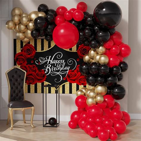 black and red balloon garland